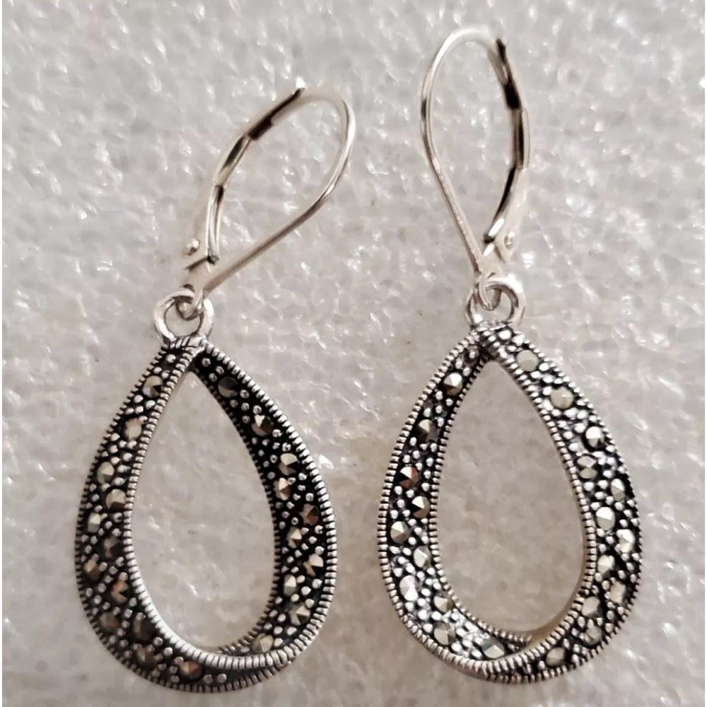 VINTAGE 925 STERLING SILVER MARCASITE LOOP HOOP DANGLE EARRINGS